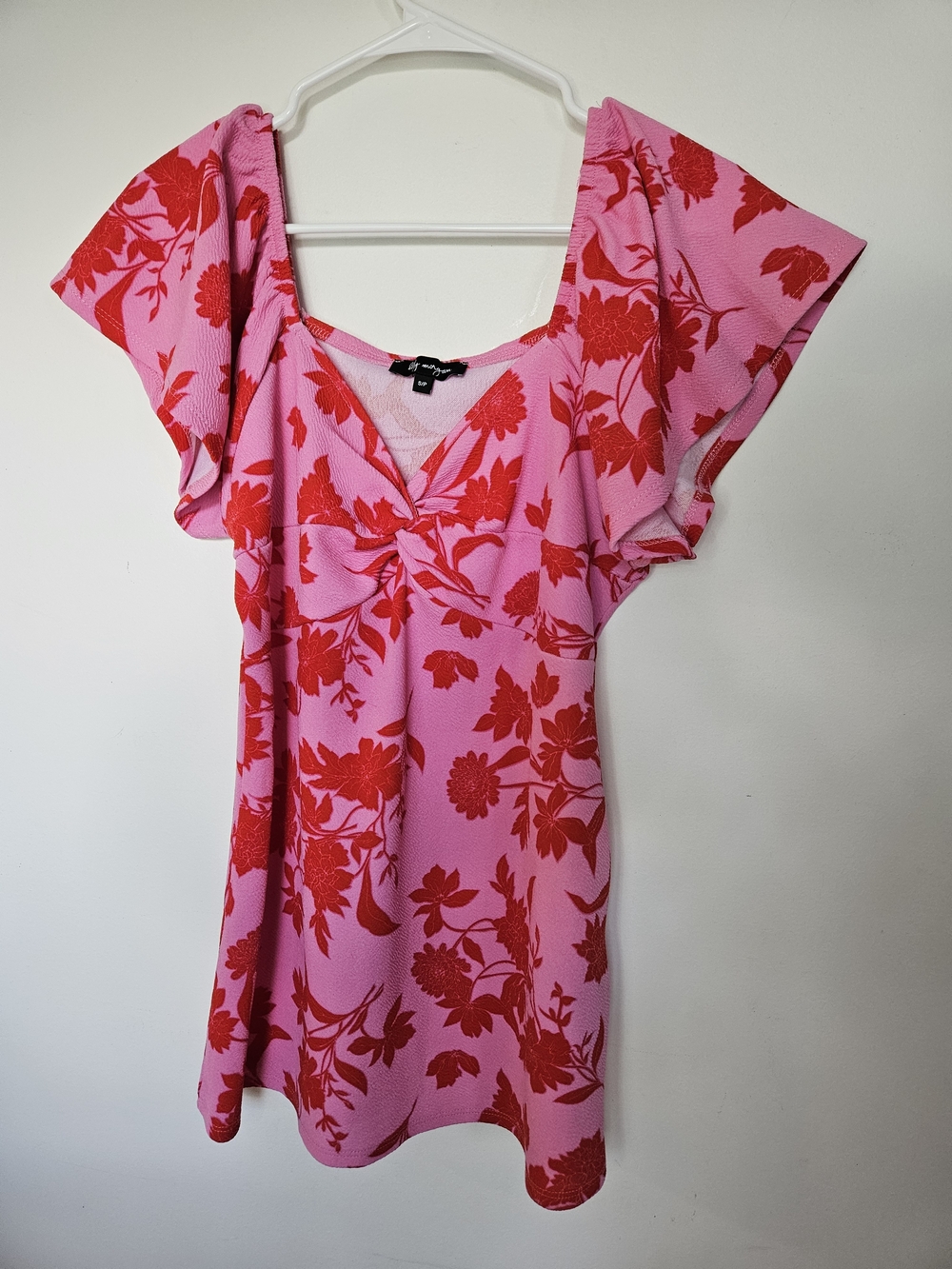 Lily Morgan Floral Knot Front Flutter Sleeve Top Mini Dress S Pink Red Textured